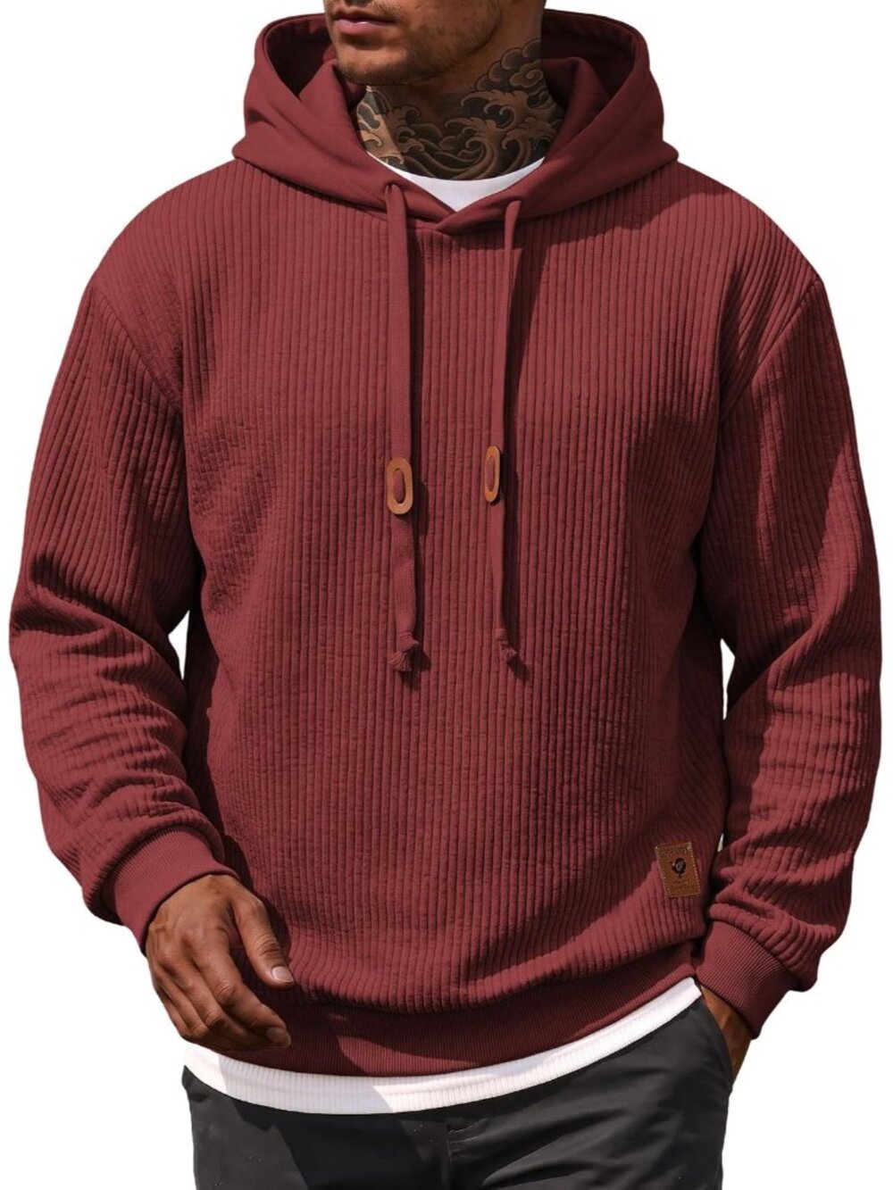 Coofandy Men's Wine Red Long Sleeve Adjustable Drawstring Pullover Hoodies